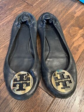 Tory Burch Black Leather Ballet Flats with Gold Logo